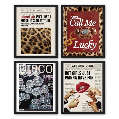 NaZaUK Trendy Retro Y2K Leopard Wall Art Prints Set of 4, Aesthetic Room Decor, Funky Retro Cheetah Disco Ball Aesthetic Wall Art Posters for Girls Dorm Bedroom Apartment Decor, 8x10 Unframed - color: leopard6
