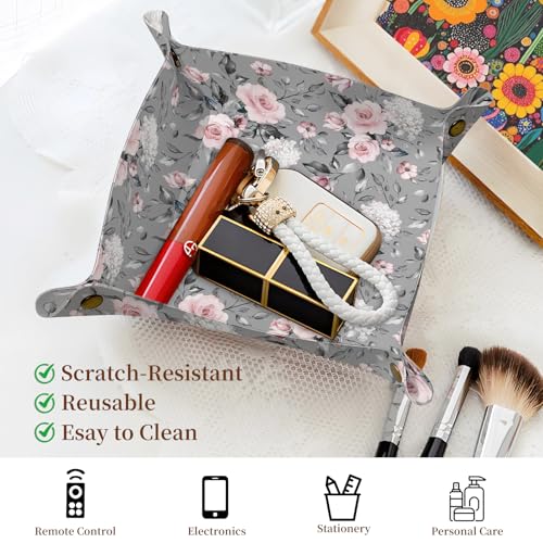 PU Leather Jewelry Valet Tray, Portable Catchall Tray for Keys, Wallet, Watch,Travel Jewelry Tray Organizer for Nightstand Desk Entryway Home Decor Gift for Women Men Grey Roses - color: Grey Roses
