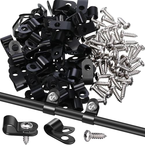 Hicarer 50 Pack R-Type Cable Clip Wire Clamp, Nylon Screw Mounting Cord Fastener Clips with 50 Pack Screws for Wire Management (Black,1/4Inch) - color: Black, size: 1/4 Inch