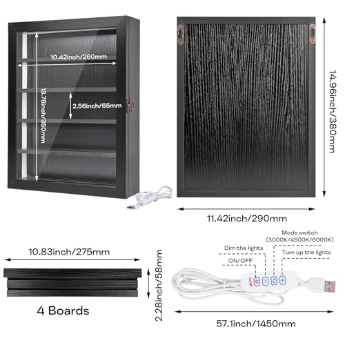 Challenge Coin Display Case with Lights Medals Collectible Figures Display Box with Led Lighting Cabinet Clear Acrylic Holder Shadow Box Wall Mounted Rack Shelf Storage Box for Bobble Heads Black