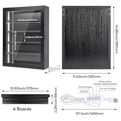 Challenge Coin Display Case with Lights Medals Collectible Figures Display Box with Led Lighting Cabinet Clear Acrylic Holder Shadow Box Wall Mounted Rack Shelf Storage Box for Bobble Heads Black