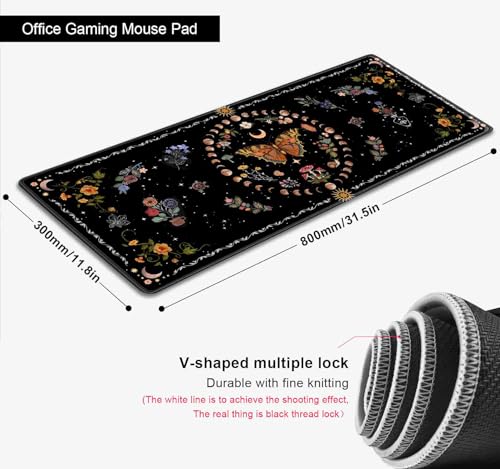 Gothic Moth Desk Pad Mat, Black Orange Large Mousepad, Moon Phases Desk Matt for Desktop, Suitable for Work, Gaming, Office, Home, Computer Accessories, 31.5 X 11.8 in, Floral Plant Aesthetic - color: Orange Butterfly Boho