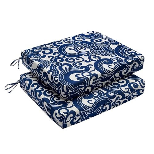 downluxe Outdoor Chair Cushions Set of 2 for Patio Furniture, Water-Resistant Square Corner Patio Chair Cushions with Ties, High Density Foam Outdoor Seat Cushion, 18.5" X 16" X 3", Blue Carp - color: Blue Carp, size: 18.5x16x3 Inch (Pack of 2)
