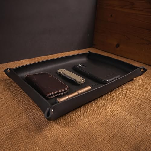 Valet Tray – Full-Grain Leather Catchall Organizer for Keys, Phone & Wallet – Rustic Nightstand & Desk Tray with Raised Sides – Handmade in USA (Black, Large Rectangle) - color: Black, size: Large Rectangle