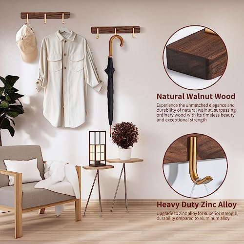 Wall Mounted Coat Rack, Entryway Hanging Coat Rack, Metal Wood Coat Rail with 3 Rustic Hooks Rail for Coat, Scarf, Bag, Towel, Key, Cap, Hat, Walnut Gold Matt - size: 3 Hooks - J Shape