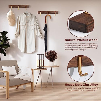 Wall Mounted Coat Rack, Entryway Hanging Coat Rack, Metal Wood Coat Rail with 3 Rustic Hooks Rail for Coat, Scarf, Bag, Towel, Key, Cap, Hat, Walnut Gold Matt - size: 3 Hooks - J Shape