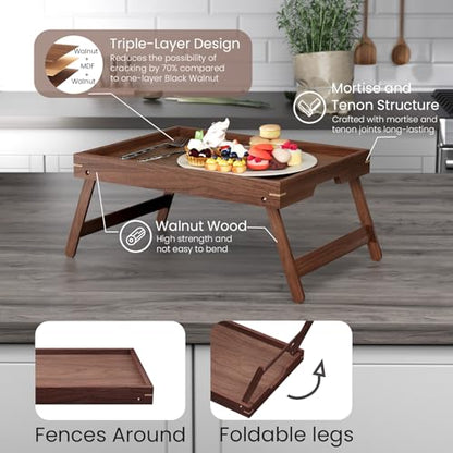Fibogollo Walnut Wood Bed Tray Table with Folding Legs,Breakfast Trays,Serving Tray for Food and Snack,Laptop Trays for Working