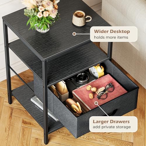 SUPERJARE Night Stand with Charger Station, 27.7 Inch Tall Nightstand with Adjustable Fabric Drawer, Bed Side Table, Fabric Drawer Dresser for Bedroom, Living Room, Black - color: Black, size: L (15.7"D x 17.7"W x 27.7"H)