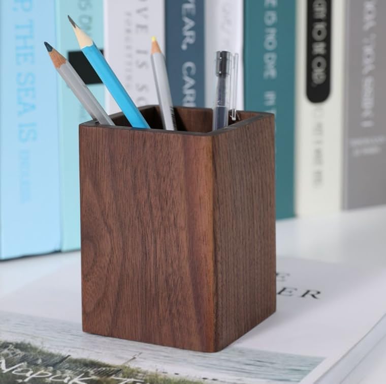 Wooden Pen Holder for Desk, Multi-Functional Pen Cup Pencil Holder for Office School Supplies Storage, Black Walnut Desk Organizer and Accessories（Square） - style: Square