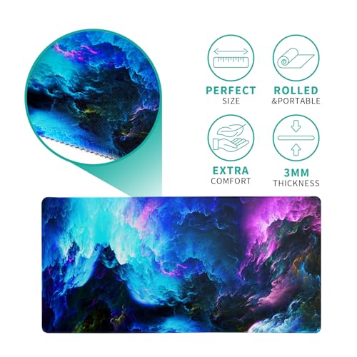 Dazzling Galaxy Gaming Mouse Pad 27.6x11.8 Inch Blue Purple Galaxy Nebula Universe Space Large Mousepad Non-Slip Rubber Base Stitched Edges Keyboard Mouse Mat Desk Pad for Office Home and Game - color: Galaxy