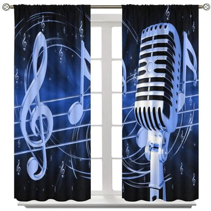 Music Curtain, Blue Microphone Musical Notes Print Window Treatments Drapes for Bedroom Living Room Bathroom 42" W X 45" L(No Blackout) - color: Musical-2, size: 20.5"W x 45"L (Pack of 2)