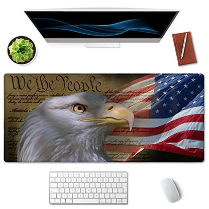 SSOIU Bald Eagle on American Flag Mouse Pad 35.5 X 15.7 Inch XXL Full Desk Mousepad Extended Large Non-Slip Rubber Base Waterproof Big Keyboard Mat with Stitched Edges for Gaming and Office - color: Bald Eagle on American Flag
