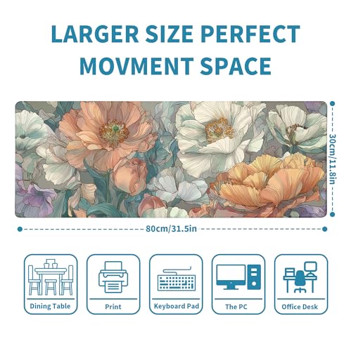 Japanese Floral Mouse Pad Abstract Boho Mouse Pad 31.5x11.8 Inch Aesthetic Flower Texture Non-Slip Rubber Base Large Mousepad Stitched Edges Keyboard Mouse Mat Desk Pad for Office and Home - color: Floral