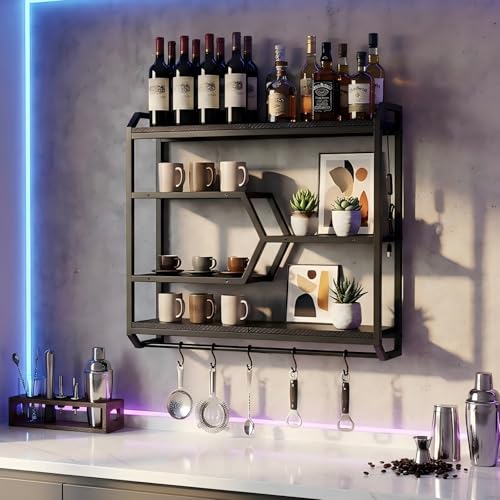 HOOBRO Gaming Floating Shelf with LED Lights, 27.5" LED Wall Mounted Shelf with Hanging Rod & 4 S-Hooks, 4-Tier Hanging Display Rack, for Living Room, Gaming Room, Black BB71DBJ01