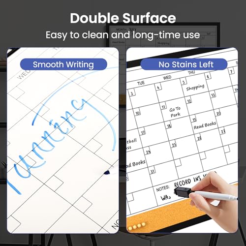 Dry Erase Calendar Cork Board Combo, 24 x 18 Inches Monthly Calendar Whiteboard for Wall, Magnetic White Board with Wood Framed, Hanging Dry Erase Board for Kitchen Home Office School Planner - size: 24"W x 18"H, style: Wooden Frame