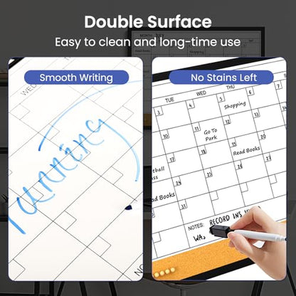 Dry Erase Calendar Cork Board Combo, 24 x 18 Inches Monthly Calendar Whiteboard for Wall, Magnetic White Board with Wood Framed, Hanging Dry Erase Board for Kitchen Home Office School Planner - size: 24"W x 18"H, style: Wooden Frame
