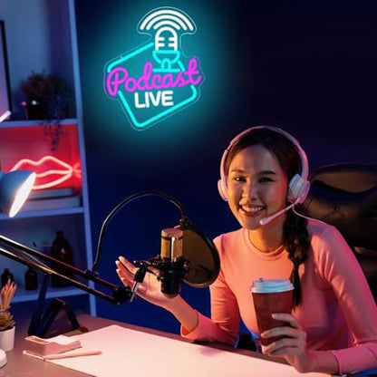 Podcast Live Neon Light Sign Rose White Letter LED Sign Studio Live Neon Light for Wall Decor Podcasters Recording Studios for Beer Bar Streaming Studio Gamer Room Bedroom Man Cave - style: podcast live