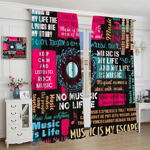 Music Notes Curtain, Jazz Rock Music Hip Hop Graffiti Window Curtains Drapes for Kids Boys Girls Teens Bedroom Living Room Bathroom 42" W X 45" L(No Blackout) - color: Musical-8, size: 20.5"W x 45"L (Pack of 2)