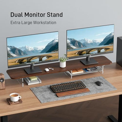 Dual Monitor Stand 43 Inch Extra Large Monitor Riser for Desk, Acrylic Clear Legs Desk Organizer Shelf with Felt Lining Storage Drawer, Compatible with Computer Laptop PC Printer Flat Screen TV