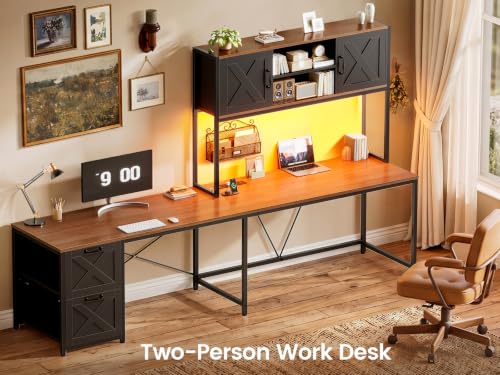SEDETA L Shaped Gaming Desk, Reversible Computer Desk with Fabric Drawers and Power Outlet, Gaming Desk with Led Lights, Hutch and Storage Shelf for Home Office (Black and Brown) - color: Black and Brown