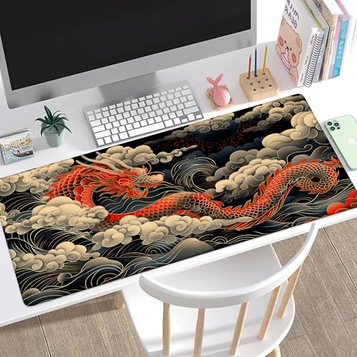 Desk Pad, Japanese Wave and Red Dragon Auspicious Clouds XL Gaming Mouse Pad with Stitched Edges,Non-Slip Waterproof Rubber Base Large Desk Mat for Keyboard and Mouse 31.5"x11.8" - color: Colour5, size: X-Large