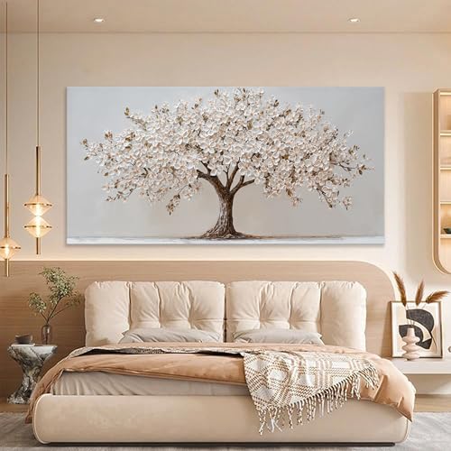 YISXINOAG Large White Flower Wall Decor Modern Canvas Art Tree of Life Wall Art for Living Room White Modern Floral Painting Flower Wall Decorations Pictures for Bedroom Canvas Artwork Size 29"X58" - color: beige white, size: 58"L x 29"W