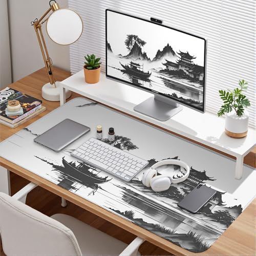 Chinoiserie Mouse Pad Black White Large Ink Painting Desk Mat Landscape XXL Large Gaming Mouse Mat for Office,Computer,Keyboard,Laptop and Home Desk Mat 31.5 X 15.7inch - color: A7- Ink