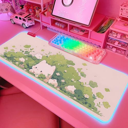 JMIYAV Pink RGB Gaming Mouse Pad 31.5x12 Inch PC XL Large Extended Glowing Led Light Up Desk Pad Non-Slip Rubber Base Computer Cute Mousepad Mat Desk Accessories Gaming Setup Hidden Cat - color: Hidden Cat