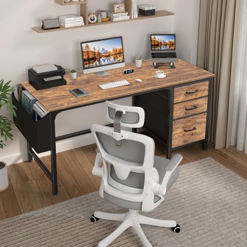 Lufeiya Computer Desk with Fabric File Drawers Cabinet, 55 Inch Reversible Home Office Desks with Filing Cabinet for Small Space, Study Writing Table PC Desks with Storage for Bedroom, Rustic Brown - color: Rustic Brown, size: 54.6"