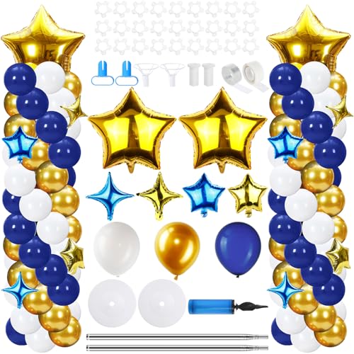 Gejoy 110 Pcs Blue Gold Balloons Column Stand Kit Adjustable Tower Stand from 1.4 to 6.6 ft with Bases for Back to School Wedding Birthday Baby Shower Party - color: Blue Gold