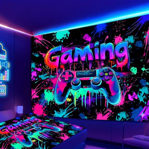 SparkLia Blacklight Gaming Tapestry, UV Reactive Cool Neon Game Controller Wall Hanging, Colorful Graffiti Video Game Wall Art for Teen Dorm Living Room - 59" x 80" - color: Gaming Graffiti, size: 80"L x 59"W