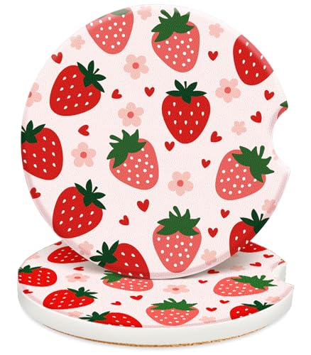 Swooflia Car Coasters for Women - Strawberry Flower Ceramic Car Cupholder Coaster Absorbent Mat Coaster with Cork Base 2 Pack 2.55 inch Automotive Cup Holder Accessories New Driver Gifts for Decor - color: Strawberry & Flower