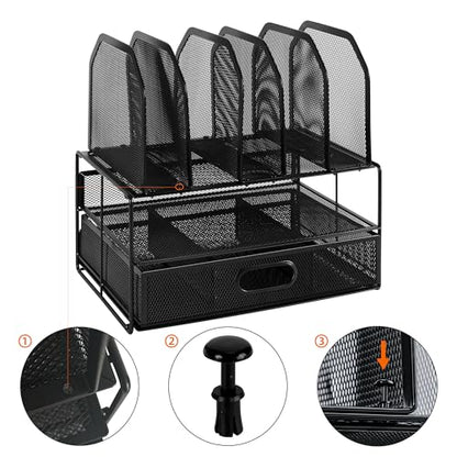 Amazon Basics Mesh Desk Organizer with Sliding Drawer, Double Tray and 5 Upright Sections, File Holder for Office Supplies, Paper Letter Tray, Black