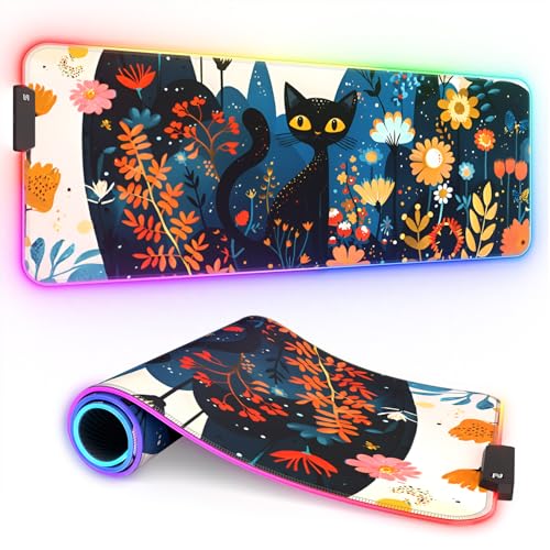 ITNRSIIET RGB Gaming Mouse Pad, Full Desk XL Extended Large Gaming Mousepad, 12 Lighting Modes 30% Thicker Big LED Desk Mat for Gamers, 32 x 12 inches, Cat in The Bush - color: Cat in the Bush