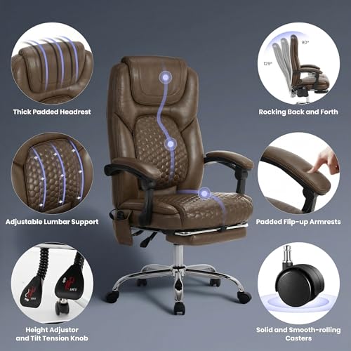 MALOL Massage Office Chair Set of 2 with 3-Level Heat and Footrest – 20-Min Easy Assembly, 300 lbs Big and Tall Desk Chair, PU Leather Ergonomic Executive Computer Chair with Side Pocket, Brown - color: Brown, size: Set of 2, style: Modern