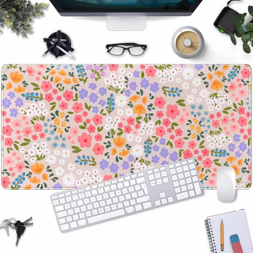 Floral Desk Mat Large Keyboard Pad, Pink Mouse Pad Women Girls Flowers Large Mouse Pad for Desk Pad Computer Floral Pad Desktop Mat for School Office Home 31.5" X 15.7" - color: Flower Blue Pink