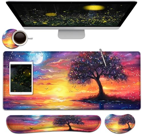 Large Mouse Pad + Keyboard Wrist Rest Set, Extended Gaming Mousepad (31.5X11.8 inch) with Non-Slip Rubber, Ergonomics Memory Foam Mouse Wrist Rest Support, Night View Pattern XXL Desk Pad - color: Yu-Mouse Pad-3-B35