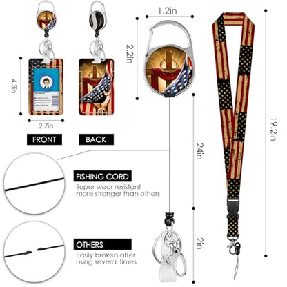 American Flag Lanyards ID Badge, USA Flag ID Badge Holder with Retractable Reel Clip and Keychain, Vertical Heavy Duty Identity Badge Cover Case Protector for Teacher Nurse Gifts for Christmas - color: Nationalflag2-red