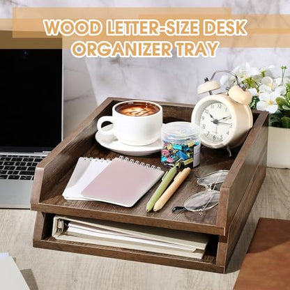 DoubleFill 2 Pcs Wooden Letter Trays 2 Tier Desktop Paper Organizer Wood Letter-Size Desk Document Tray Heavy Duty Stackable Paper Drawer Holder File Folder Back to School Office Home (Dark Wood) - color: Dark Wood