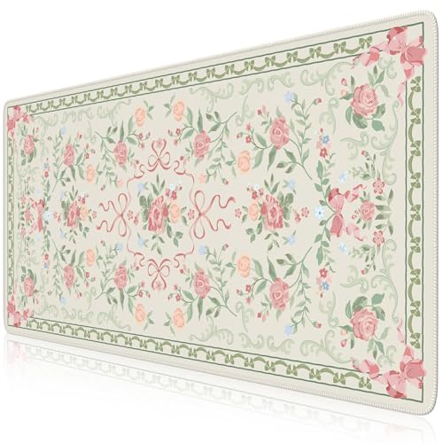 HAOCOO Cute Floral Desk Mat, Large Waterproof Mouse Pad, Girly Desk Matt for Desktop, 35.4" x 15.7" Non-Slip Keyboard Pad, Computer Mat with Stitched Edge, Office Decor Home Desk Accessories (Green) - color: D-green Bow, size: 35.4" x 15.7"