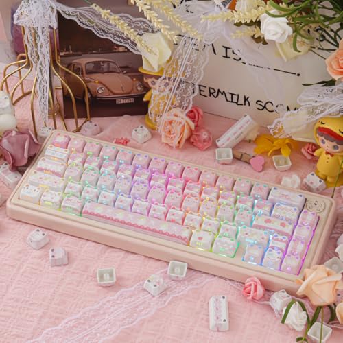 PBT Keycaps - Pink Meow Meow Keycap, 113 Keys Side Print Shine Through Cute Keycap, Mao Profile Custom Cat Keycaps for 60 65 75 100 Percent Cherry MX Mechanical Keyboard - color: Pink Meow
