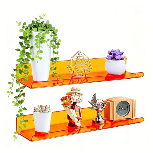 ROYALITA Small Acrylic Shelves Wall Mounted | Set of 2 | 17 Inches | Wall Hanging Plant Display Shelves, Room Decor Floating Wall Shelves for Gaming Room Bedroom, Living Room, Office, Orange - color: Orange, size: 17 Inch