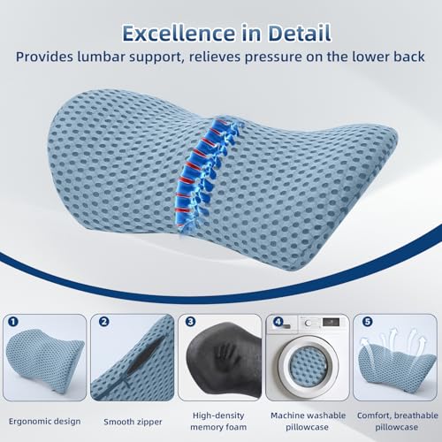 Lumbar Pillow, Memory Foam Lumbar Support Pillow for Office Chair and Car Seat, Ergonomic Streamline Back Pillow for Lower Back Pain Relief, Back Support Pillow for Sitting, Driving, Traveling - color: Blue