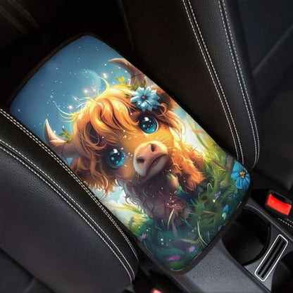 Wanyint Cute Highland Cow Car Center Console Armrest Cover Universal fit for SUV Truck Vans Sedans, Armrest Seat Box Cover Protector Pad Lid - color: Cute Highland Cow
