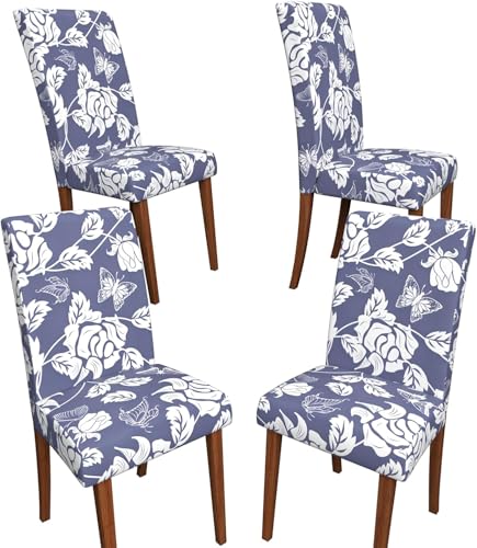 Stretch Dining Chair Covers Set of 4,Floral Print Chair Covers,Soft Removable Washable,Pet Friendly Furniture Protector,Universal Chair Slipcovers for Home, Kitchen,Ceremony Dining Room Seat - color: Light Purple Flowers + Butterflies, size: 4PCS