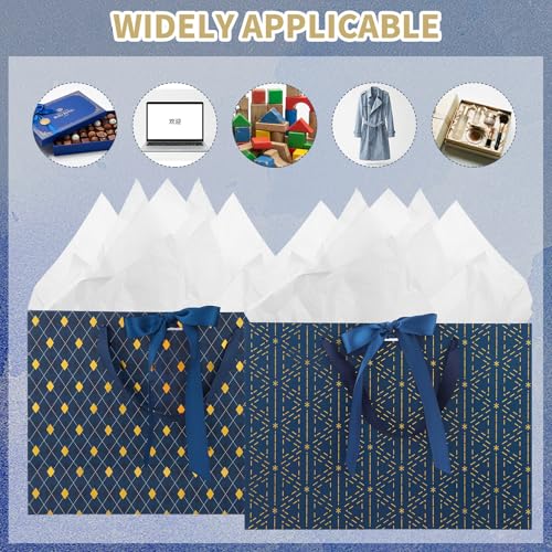 woric 2 Pcs Gift Bags for Men, 13.7" Large Blue Graduation Gift Bag with Handles Matching Tissue Paper Cards for Men Birthday Wedding Anniversary Special Occasion - color: Navy Blue