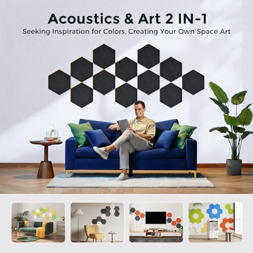 Self-Adhesive Acoustic Panels [390 lbs/yd³ Ultra-High Density], 2nd Generation Sound Absorbing Panel, Professional Level Sound Panel, Polyester Soundproof Foam [Medium Hexagon, Pure Black] - color: Black, size: Medium Hexagon (12''x10''x0.4'')