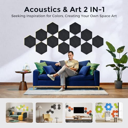 Self-Adhesive Acoustic Panels [390 lbs/yd³ Ultra-High Density], 2nd Generation Sound Absorbing Panel, Professional Level Sound Panel, Polyester Soundproof Foam [Medium Hexagon, Pure Black] - color: Black, size: Medium Hexagon (12''x10''x0.4'')