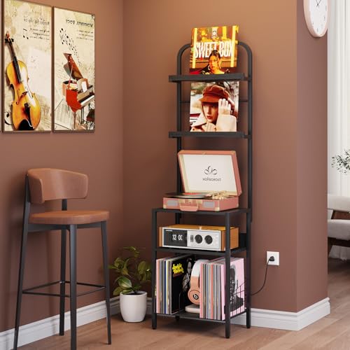 Homsorout Record Player Stand with Vinyl Storage - 5-Tier Turntable Table with Power Outlet, Adjustable Feet, Metal & Wood Cabinet - Console Organizer Display Shelf for Living Room, Apartment - style: Black With Socket