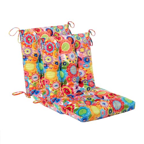 Outdoor Patio Cushion, Rocking Chair Cushion, Tufted Pads, Set of Upper and Lower with Ties Pack of 2 (2 Sets) - Back 20"×17", Seat 17"×17" (Multicolored Flowers) - color: Multicolored Flowers